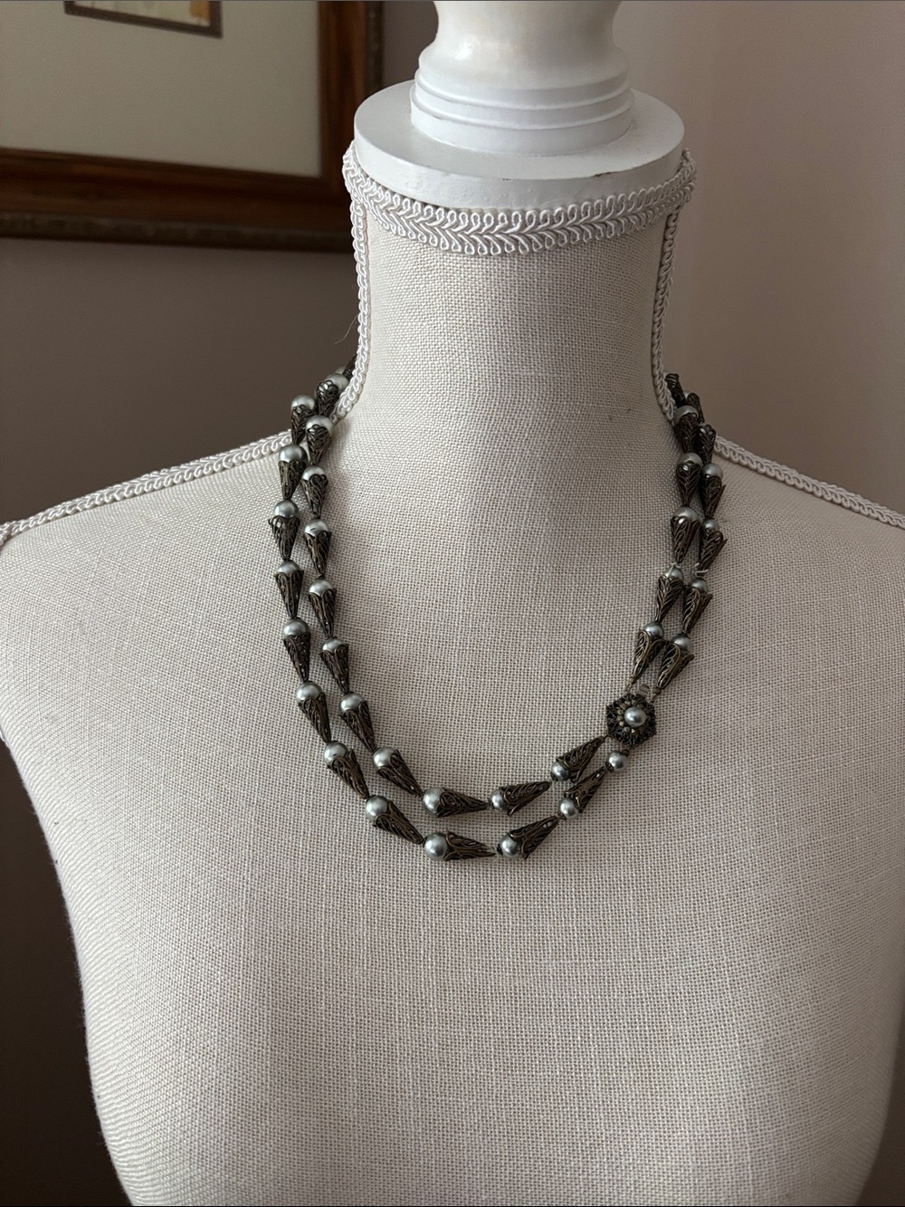 Vintage Miriam Haskell Double-Strand Gunmetal Necklace with Pearl Accents